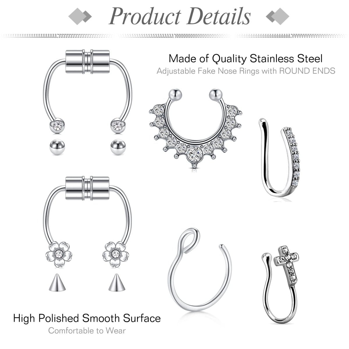 JFORYOU 20G 8mm 6 - 10 Stück Fake Nasenpiercing Hoop Fake Nasen Ring Fake Ohr Helix Cartilage Ring - 🅹🅰🅶🆄🅰 🆃🅰🆃🆄