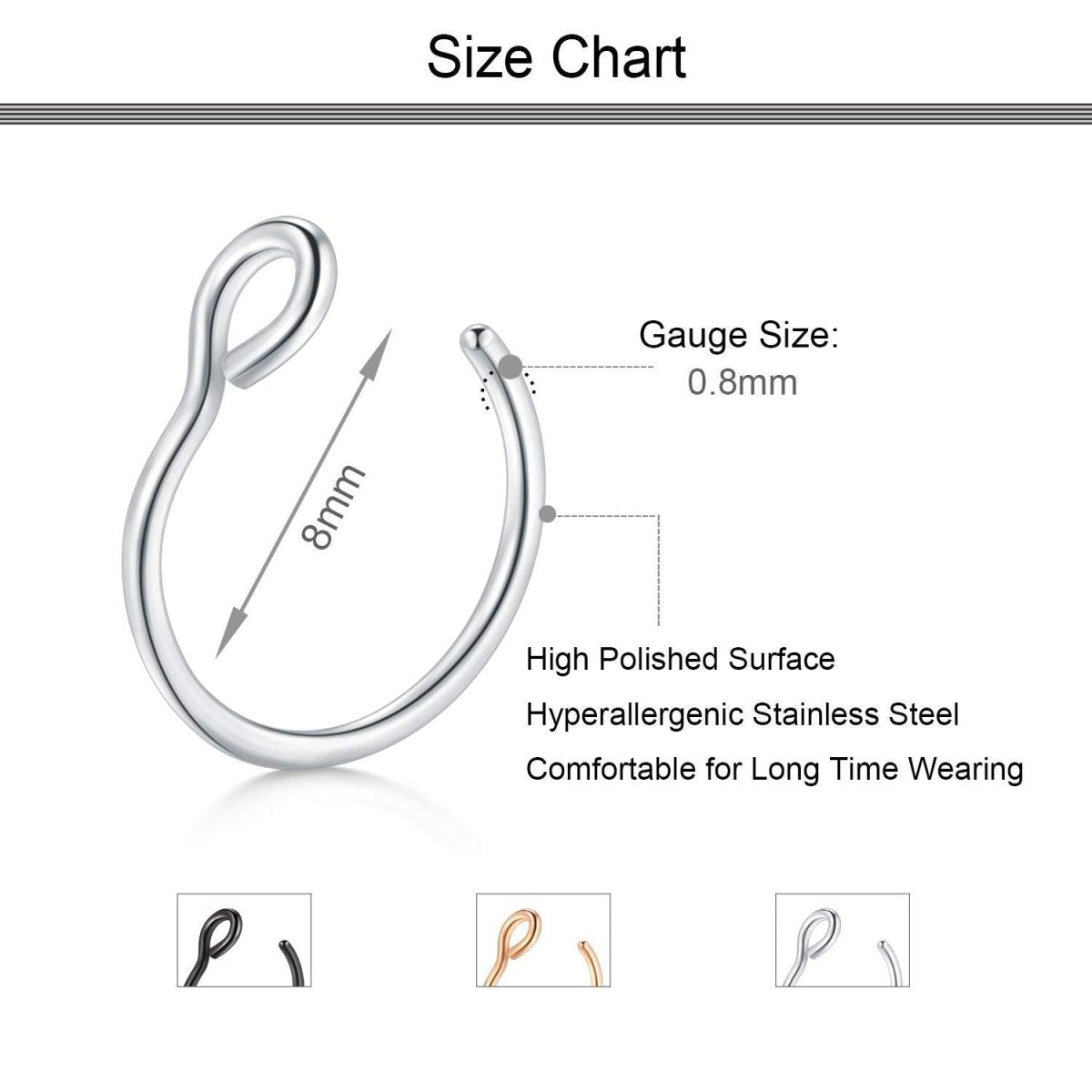 JFORYOU 20G 8mm 6 - 10 Stück Fake Nasenpiercing Hoop Fake Nasen Ring Fake Ohr Helix Cartilage Ring - 🅹🅰🅶🆄🅰 🆃🅰🆃🆄