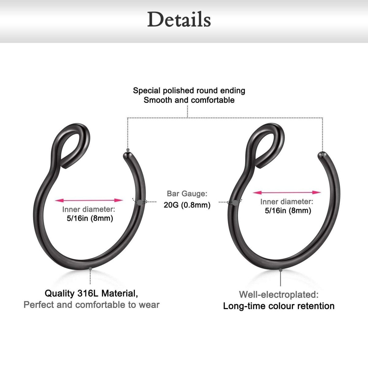 JFORYOU 20G 8mm 6 - 10 Stück Fake Nasenpiercing Hoop Fake Nasen Ring Fake Ohr Helix Cartilage Ring - 🅹🅰🅶🆄🅰 🆃🅰🆃🆄