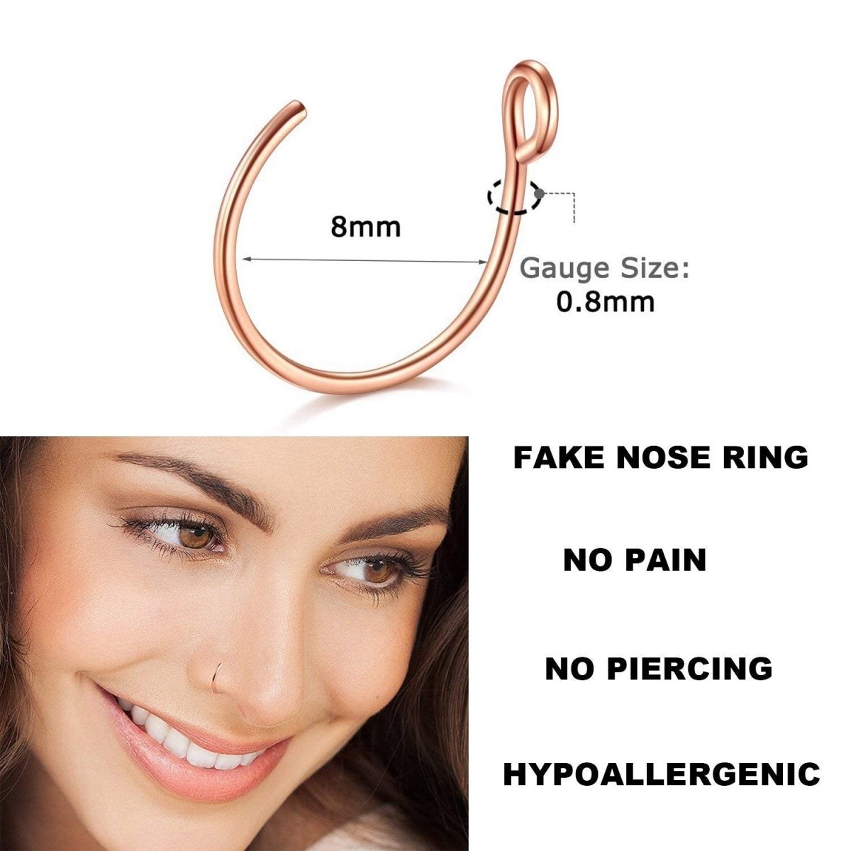 JFORYOU 20G 8mm 6 - 10 Stück Fake Nasenpiercing Hoop Fake Nasen Ring Fake Ohr Helix Cartilage Ring - 🅹🅰🅶🆄🅰 🆃🅰🆃🆄