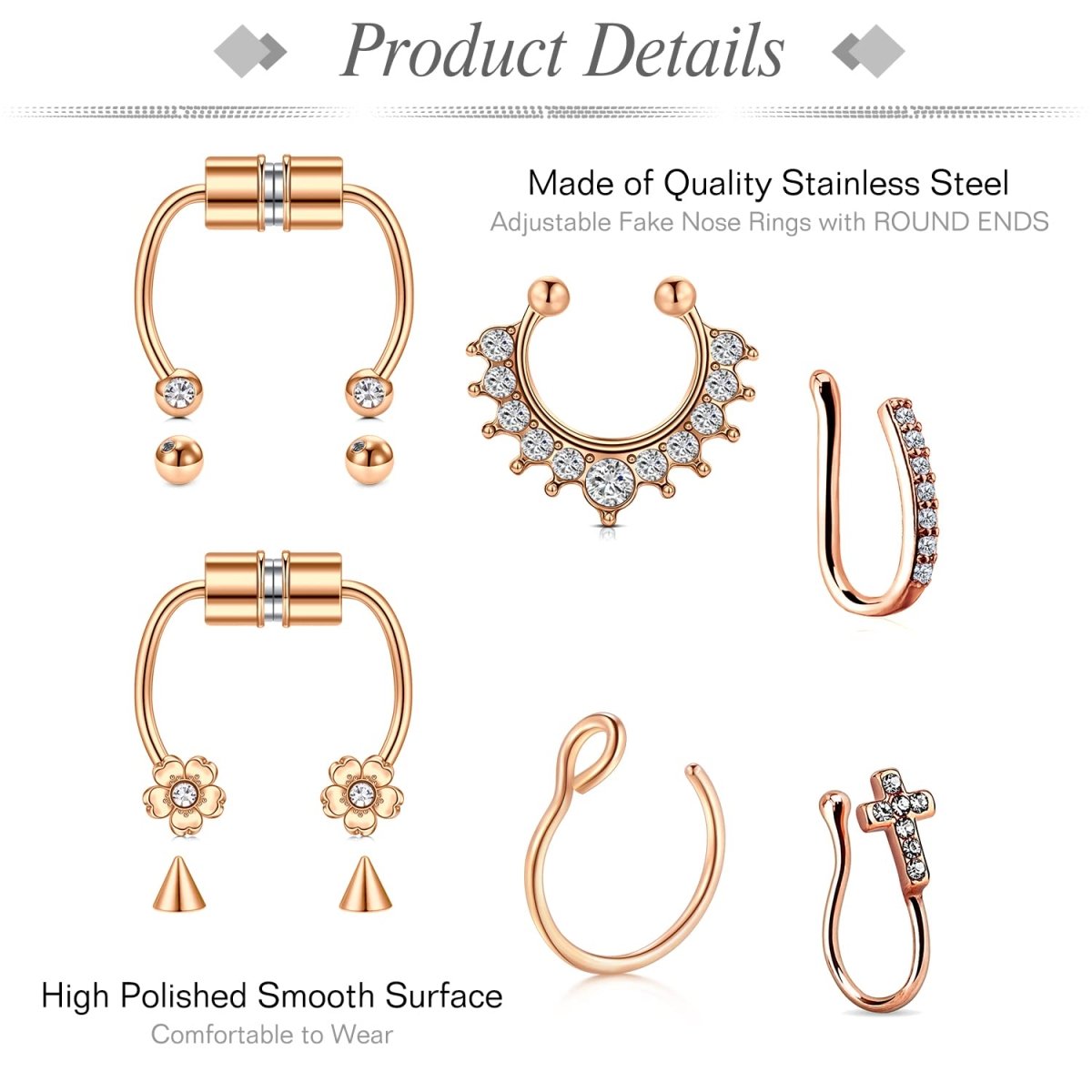 JFORYOU 20G 8mm 6 - 10 Stück Fake Nasenpiercing Hoop Fake Nasen Ring Fake Ohr Helix Cartilage Ring - 🅹🅰🅶🆄🅰 🆃🅰🆃🆄