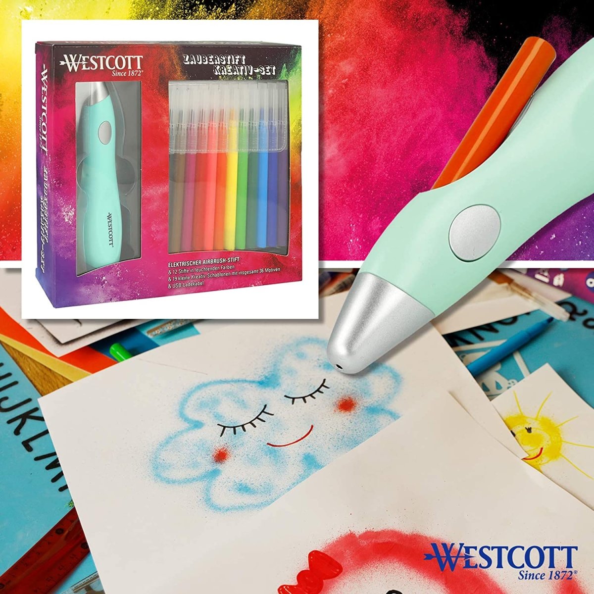 Pix aerograf electric, set aerograf pentru copii cu 12 markere și 19 șabloane pentru pictat și desen, cu baterie și cablu USB, verde, E - 16800 00 - 🅹🅰🅶🆄🅰 🆃🅰🆃🆄