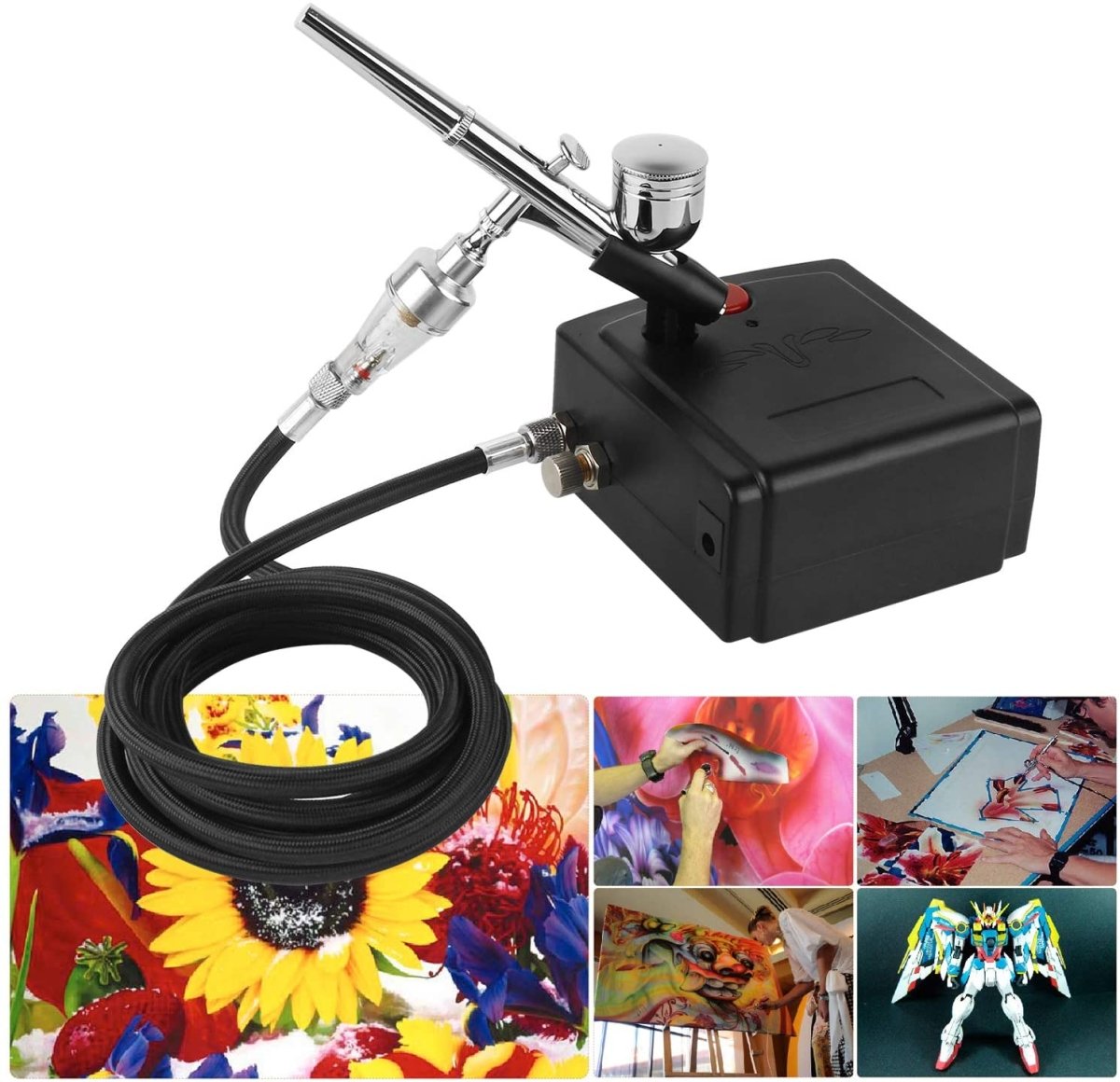 Set compresor cu aerograf Speed Pistol și accesorii cu dublă acțiune pentru aerograf. Compresor mic, artă pentru tatuaj, pictură, spray pentru prăjituri, model pentru prăjituri, set de instrumente pentru unghii. - 🅹🅰🅶🆄🅰 🆃🅰🆃🆄